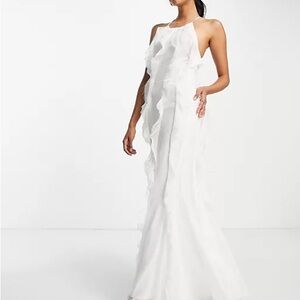 ASOS DESIGN halter maxi dress with bias ruffle detail in white